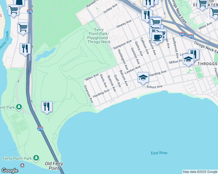 map of restaurants, bars, coffee shops, grocery stores, and more near 200 Davis Avenue in Bronx