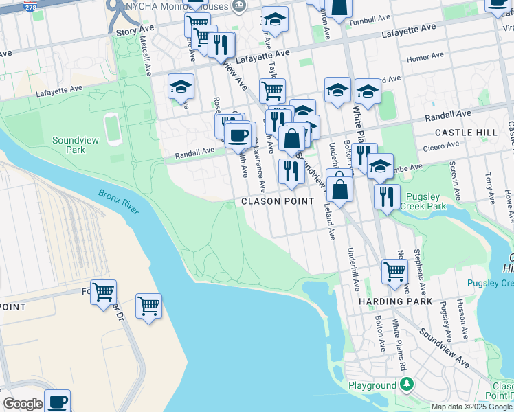 map of restaurants, bars, coffee shops, grocery stores, and more near 465 Commonwealth Avenue in Bronx