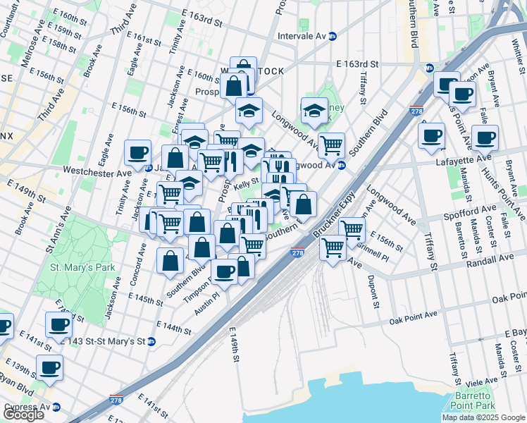 map of restaurants, bars, coffee shops, grocery stores, and more near 651 Southern Boulevard in Bronx