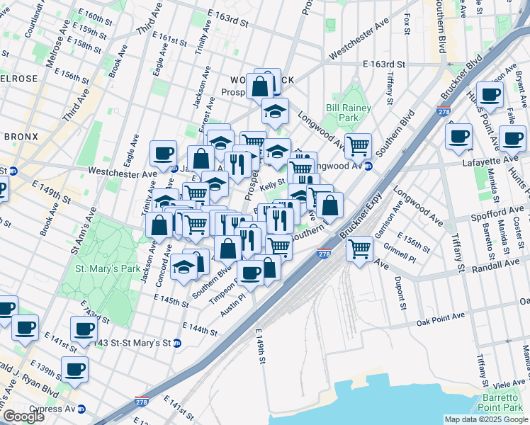 map of restaurants, bars, coffee shops, grocery stores, and more near 1012 Avenue Saint John in Bronx
