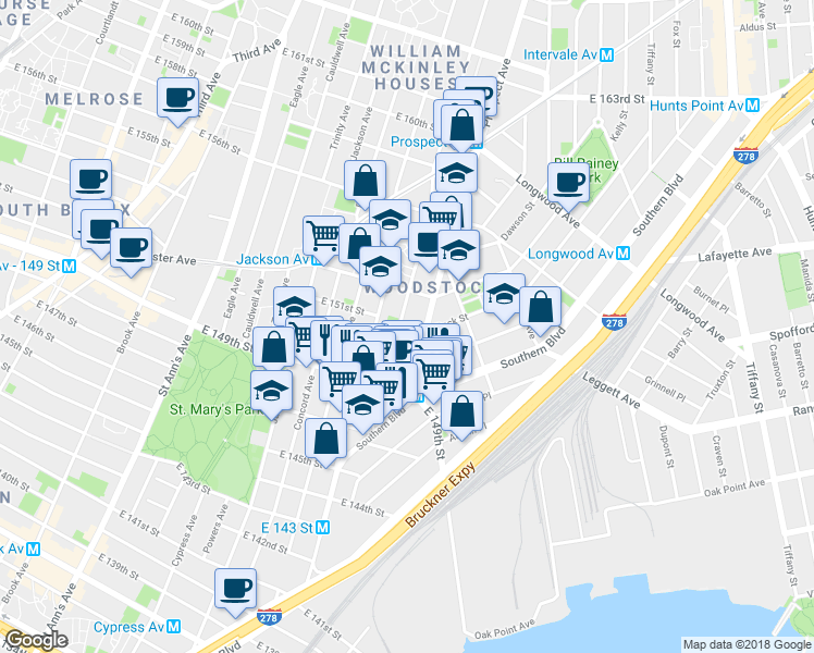 map of restaurants, bars, coffee shops, grocery stores, and more near 586 Union Avenue in Bronx