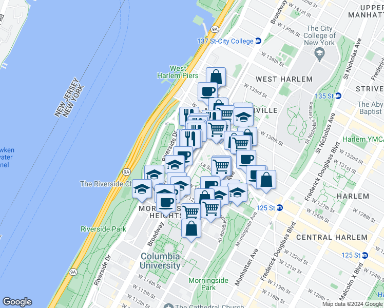 map of restaurants, bars, coffee shops, grocery stores, and more near in New York