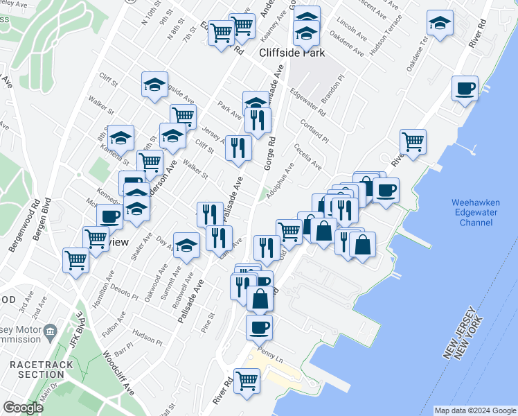 map of restaurants, bars, coffee shops, grocery stores, and more near 300 Gorge Road in Cliffside Park