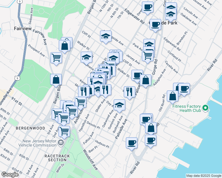 map of restaurants, bars, coffee shops, grocery stores, and more near 179 Fulton Avenue in Fairview