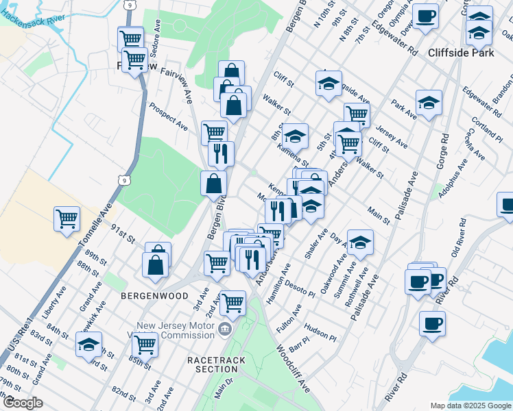 map of restaurants, bars, coffee shops, grocery stores, and more near 87 Lincoln Street in Fairview