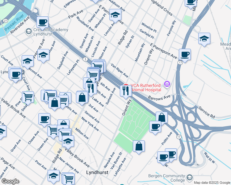 map of restaurants, bars, coffee shops, grocery stores, and more near 44 Summit Avenue in Lyndhurst