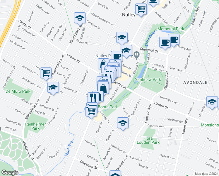 map of restaurants, bars, coffee shops, grocery stores, and more near 160 Franklin Avenue in Nutley