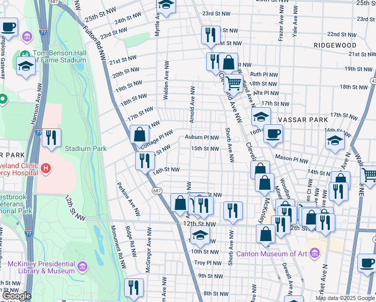 map of restaurants, bars, coffee shops, grocery stores, and more near 1417 Arnold Avenue Northwest in Canton