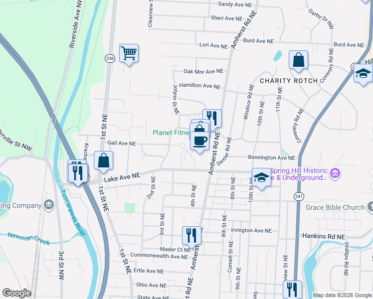 map of restaurants, bars, coffee shops, grocery stores, and more near 412 Lake Avenue Northeast in Massillon