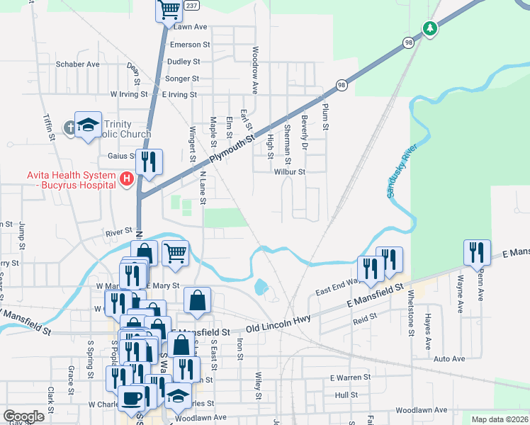 map of restaurants, bars, coffee shops, grocery stores, and more near 1 Lutz Drive in Bucyrus