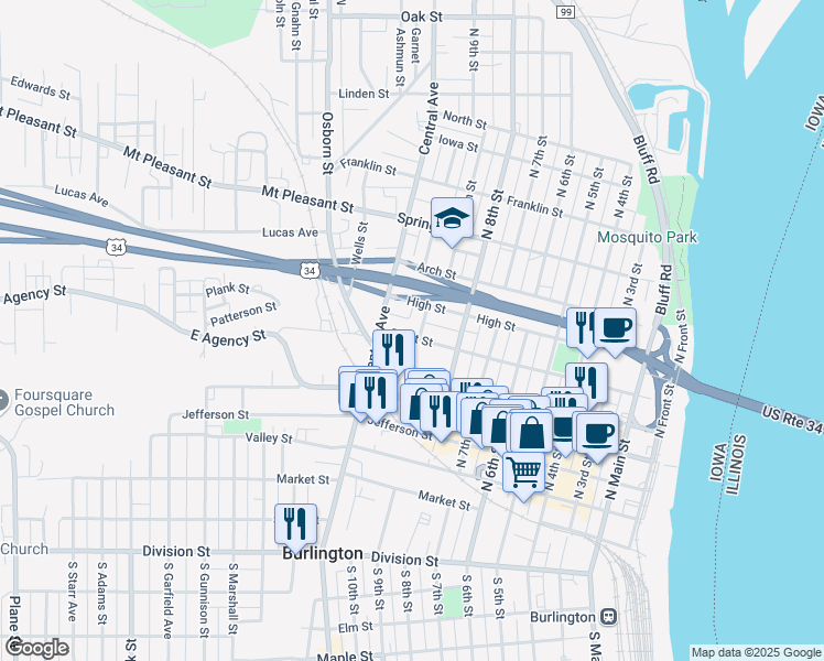 map of restaurants, bars, coffee shops, grocery stores, and more near 1007 1/2 Court Street in Burlington