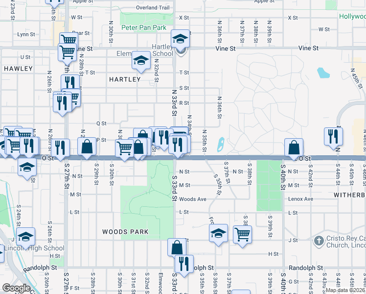 map of restaurants, bars, coffee shops, grocery stores, and more near 3333 O Street in Lincoln