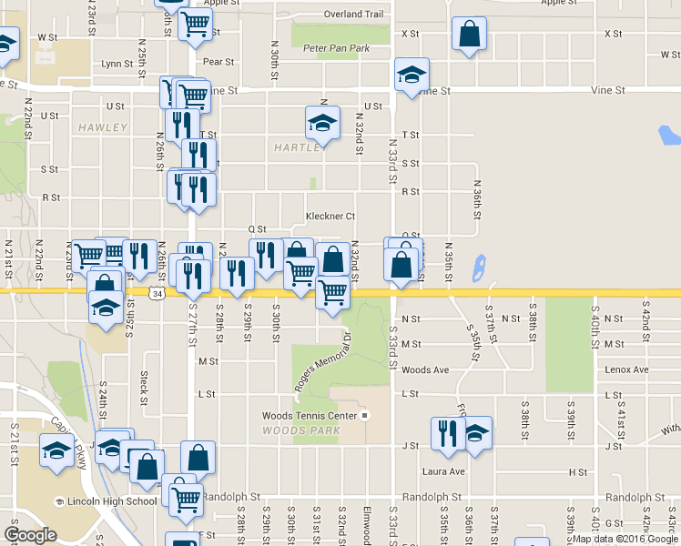 map of restaurants, bars, coffee shops, grocery stores, and more near 3140 U.S. 34 in Lincoln