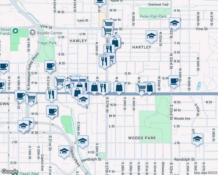 map of restaurants, bars, coffee shops, grocery stores, and more near 2645 O Street in Lincoln