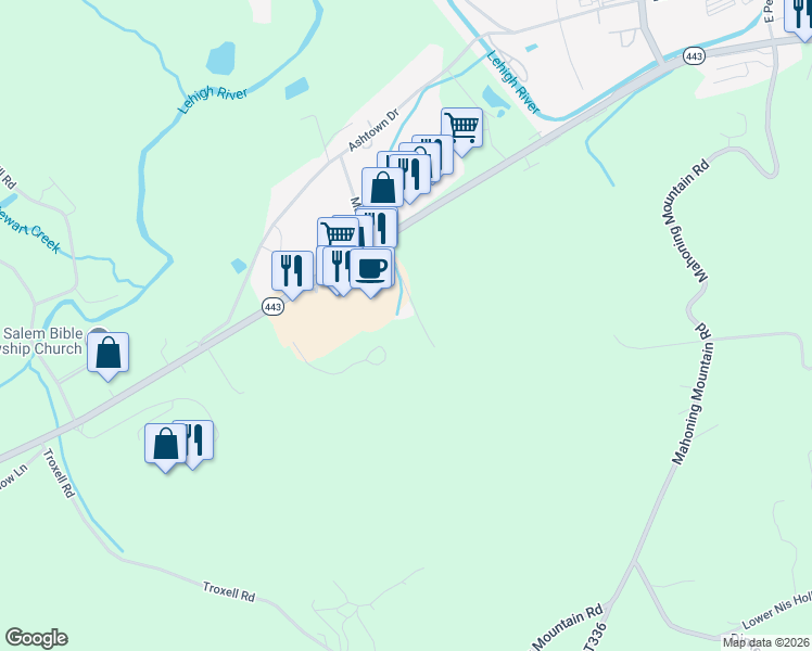 map of restaurants, bars, coffee shops, grocery stores, and more near 152 Mall Lane in Lehighton