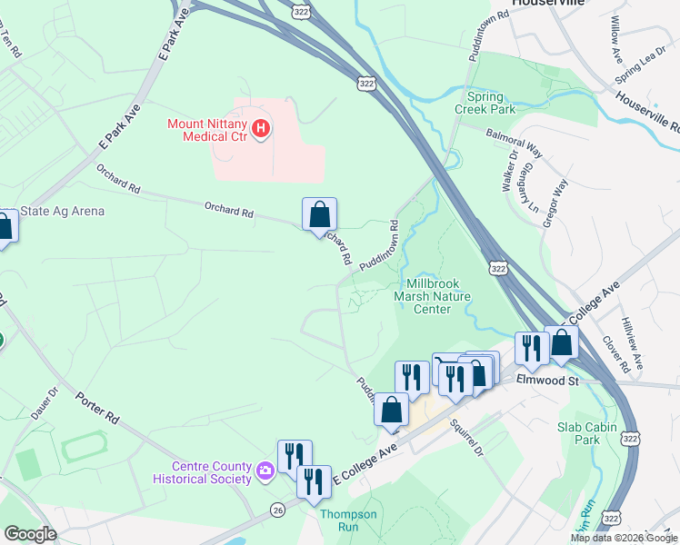 map of restaurants, bars, coffee shops, grocery stores, and more near 600-604 Puddintown Rd in State College