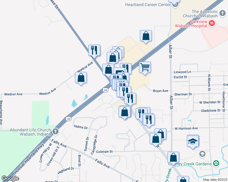map of restaurants, bars, coffee shops, grocery stores, and more near 1310 Cass Street in Wabash