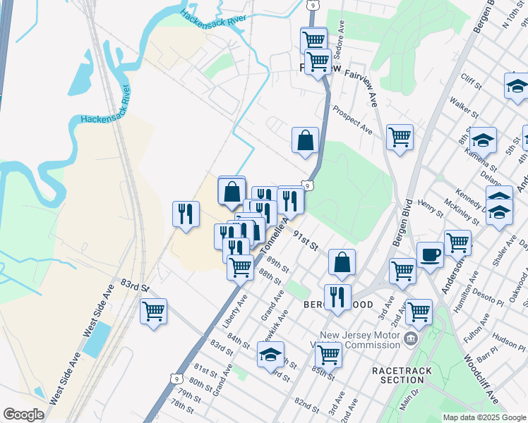 map of restaurants, bars, coffee shops, grocery stores, and more near 91st Street in North Bergen