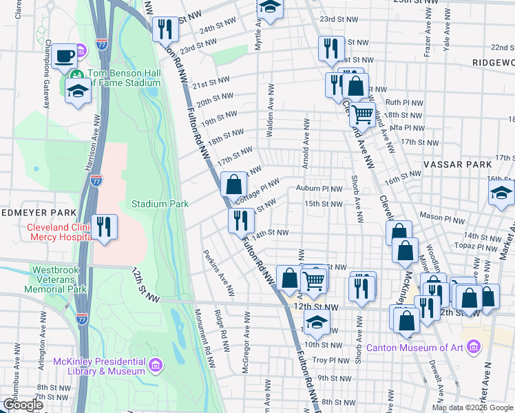 map of restaurants, bars, coffee shops, grocery stores, and more near 1335 14th Street Northwest in Canton