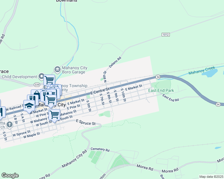 map of restaurants, bars, coffee shops, grocery stores, and more near 824 East Centre Street in Mahanoy City