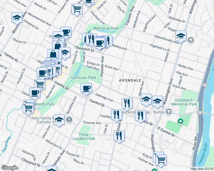 map of restaurants, bars, coffee shops, grocery stores, and more near 349 Park Avenue in Nutley