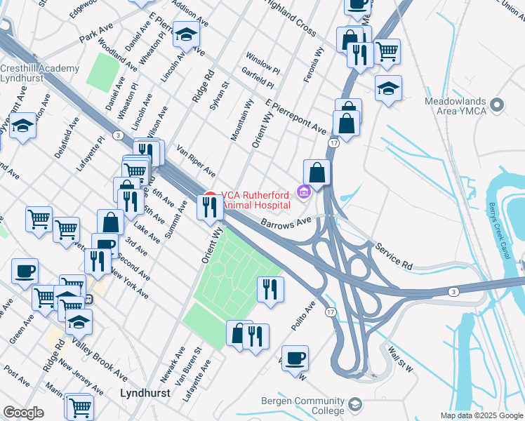 map of restaurants, bars, coffee shops, grocery stores, and more near 56 Arthur Drive in Rutherford