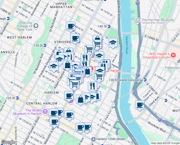 map of restaurants, bars, coffee shops, grocery stores, and more near 506 Malcolm X Boulevard in New York