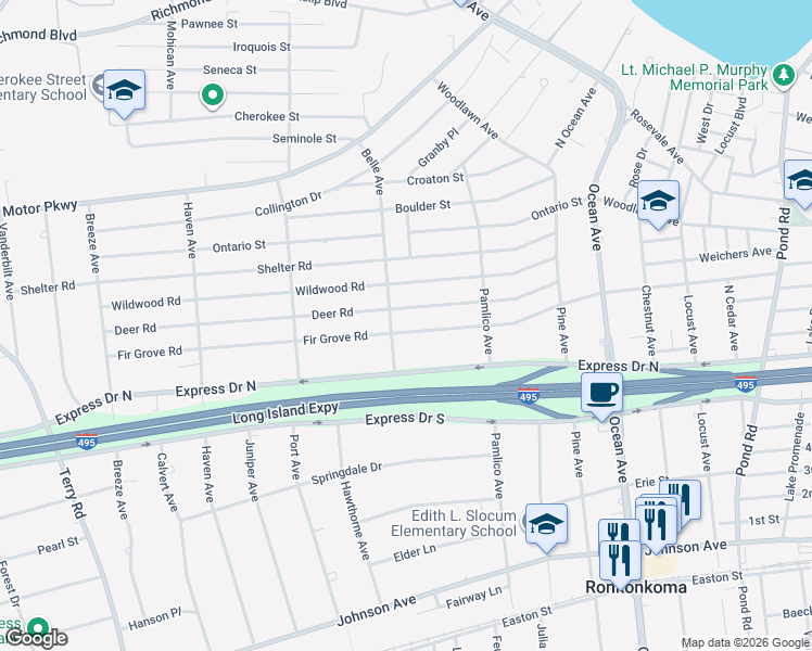 map of restaurants, bars, coffee shops, grocery stores, and more near 4479 Express Drive North in Ronkonkoma
