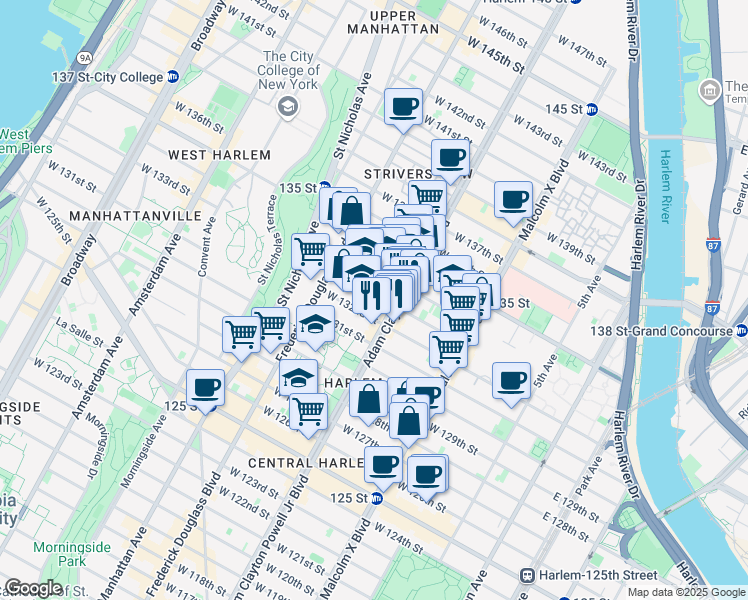 map of restaurants, bars, coffee shops, grocery stores, and more near 206 West 133rd Street in New York