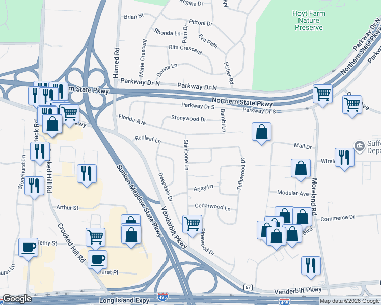 map of restaurants, bars, coffee shops, grocery stores, and more near 105 Shinbone Lane in Commack