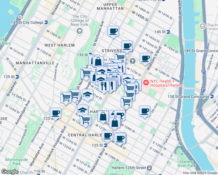 map of restaurants, bars, coffee shops, grocery stores, and more near 200 West 132nd Street in New York