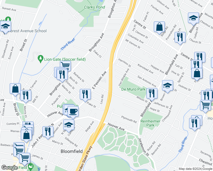 map of restaurants, bars, coffee shops, grocery stores, and more near 100 East Passaic Avenue in Nutley