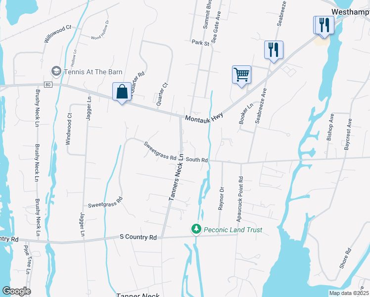 map of restaurants, bars, coffee shops, grocery stores, and more near 68 Tanners Neck Lane in Westhampton