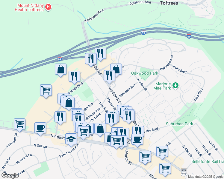 map of restaurants, bars, coffee shops, grocery stores, and more near 1865 Waddle Road in State College