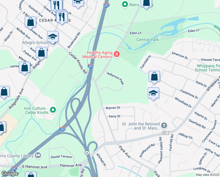 map of restaurants, bars, coffee shops, grocery stores, and more near 115 Jefferson Park in Hanover