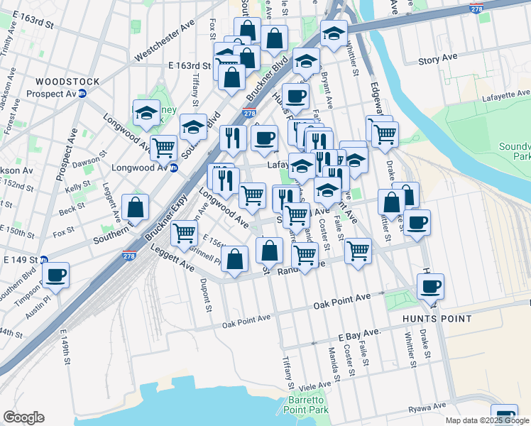 map of restaurants, bars, coffee shops, grocery stores, and more near 707 Barretto Street in The Bronx