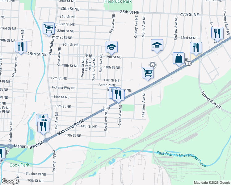 map of restaurants, bars, coffee shops, grocery stores, and more near 2517 Indiana Way Northeast in Canton