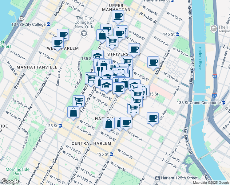 map of restaurants, bars, coffee shops, grocery stores, and more near 2260 Adam Clayton Powell Junior Boulevard in New York