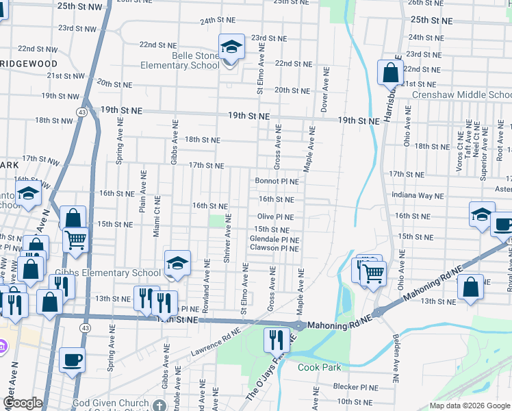 map of restaurants, bars, coffee shops, grocery stores, and more near 1521 16th Street Northeast in Canton