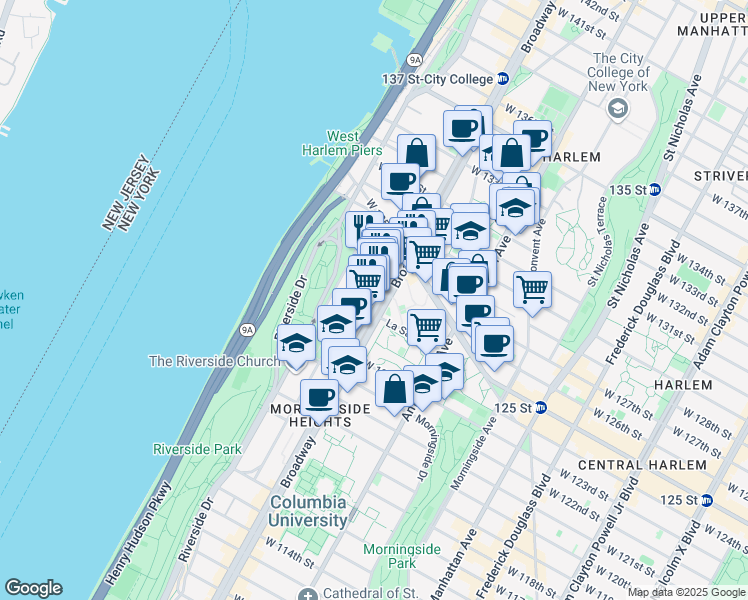 map of restaurants, bars, coffee shops, grocery stores, and more near 3147 Broadway in New York