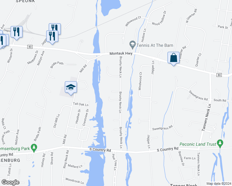 map of restaurants, bars, coffee shops, grocery stores, and more near 29 Brushy Neck Lane in Westhampton