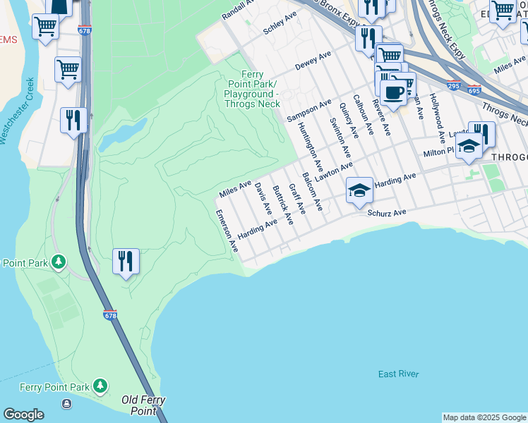 map of restaurants, bars, coffee shops, grocery stores, and more near 261 Davis Avenue in Bronx
