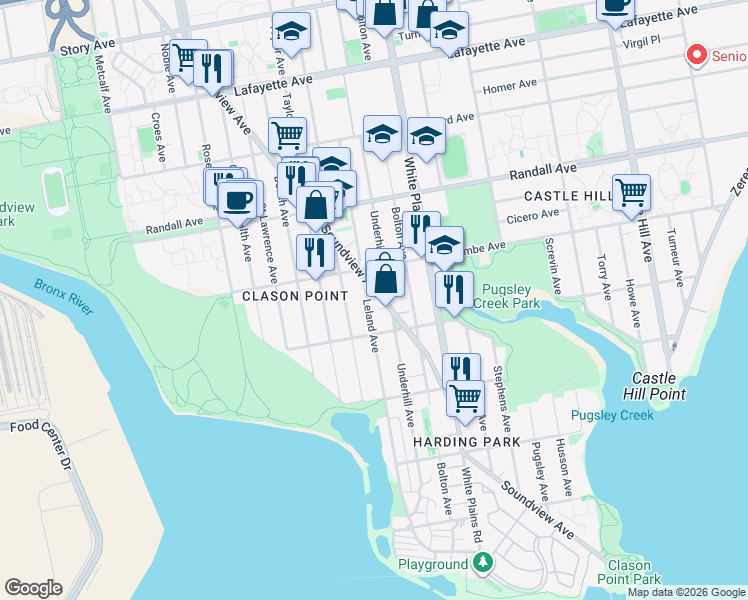 map of restaurants, bars, coffee shops, grocery stores, and more near 456 Underhill Avenue in Bronx