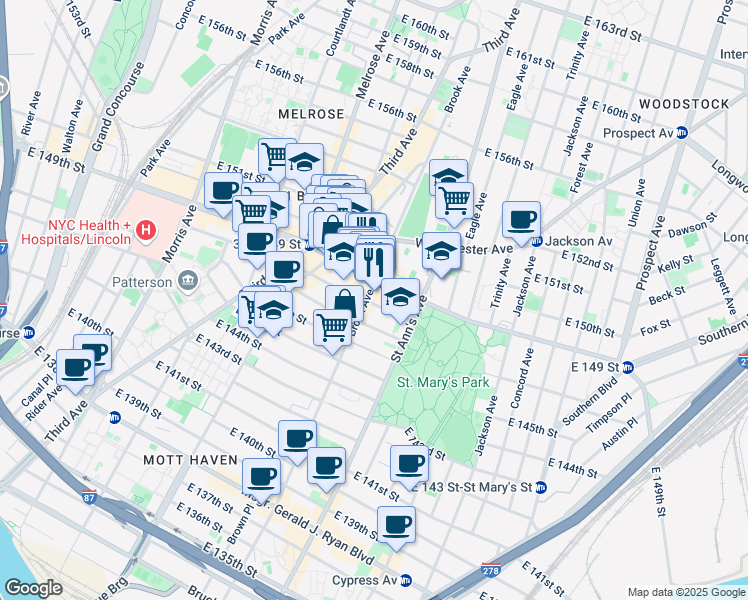 map of restaurants, bars, coffee shops, grocery stores, and more near 452 East 149th Street in Bronx