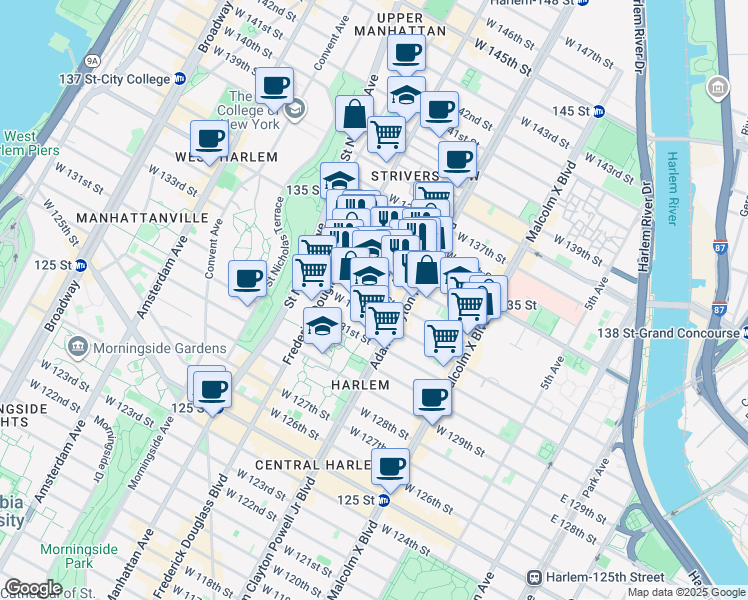 map of restaurants, bars, coffee shops, grocery stores, and more near 222 West 134th Street in New York