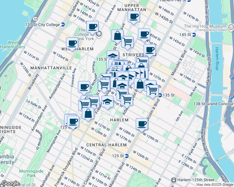 map of restaurants, bars, coffee shops, grocery stores, and more near 2480 Frederick Douglass Boulevard in New York