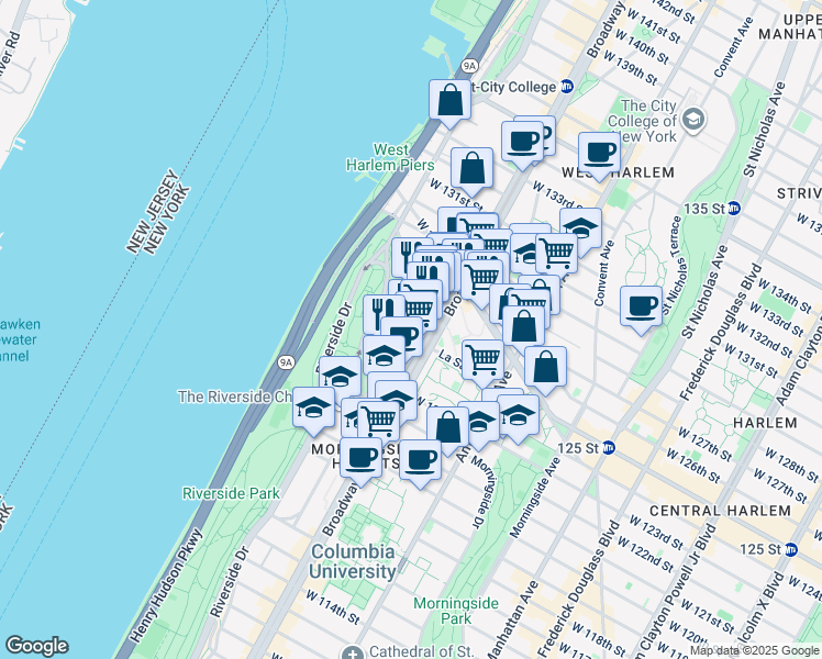 map of restaurants, bars, coffee shops, grocery stores, and more near 189 Claremont Avenue in New York