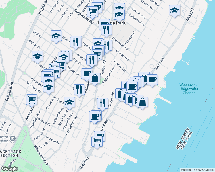 map of restaurants, bars, coffee shops, grocery stores, and more near 321 Adolphus Avenue in Cliffside Park