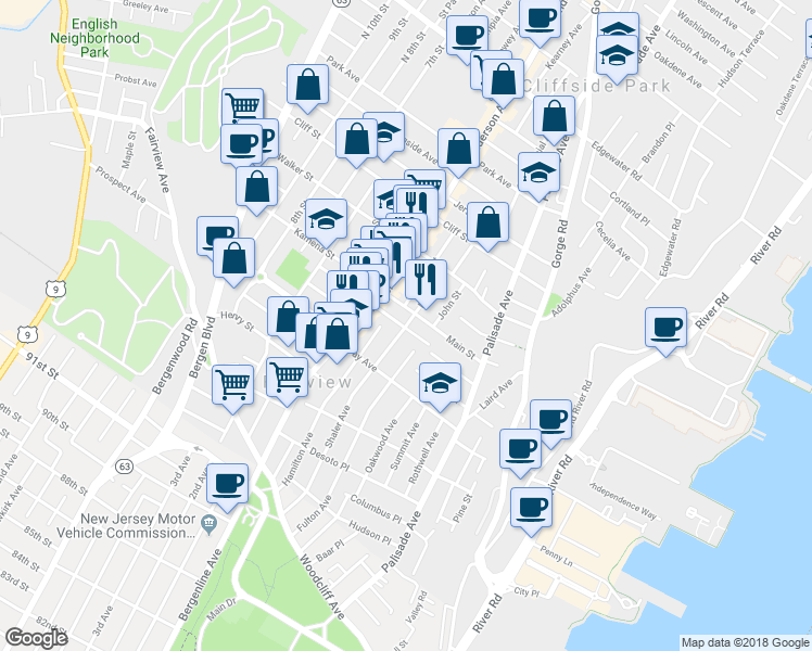 map of restaurants, bars, coffee shops, grocery stores, and more near 263 Main Street in Cliffside Park