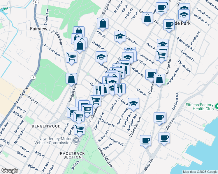 map of restaurants, bars, coffee shops, grocery stores, and more near 372 Roosevelt Street in Fairview